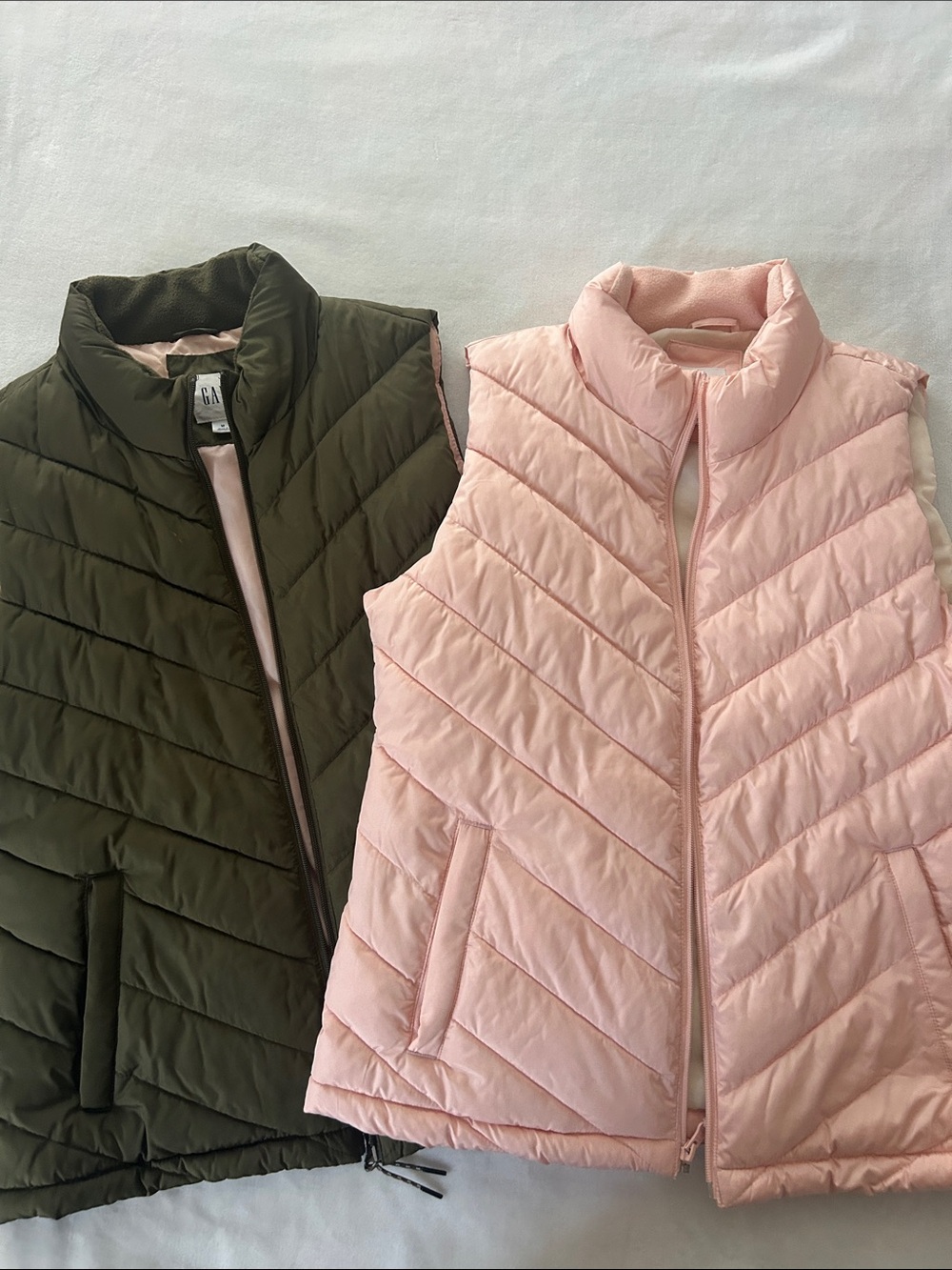 GAP Quilted Puffer Vests in Olive Green and Light Peach